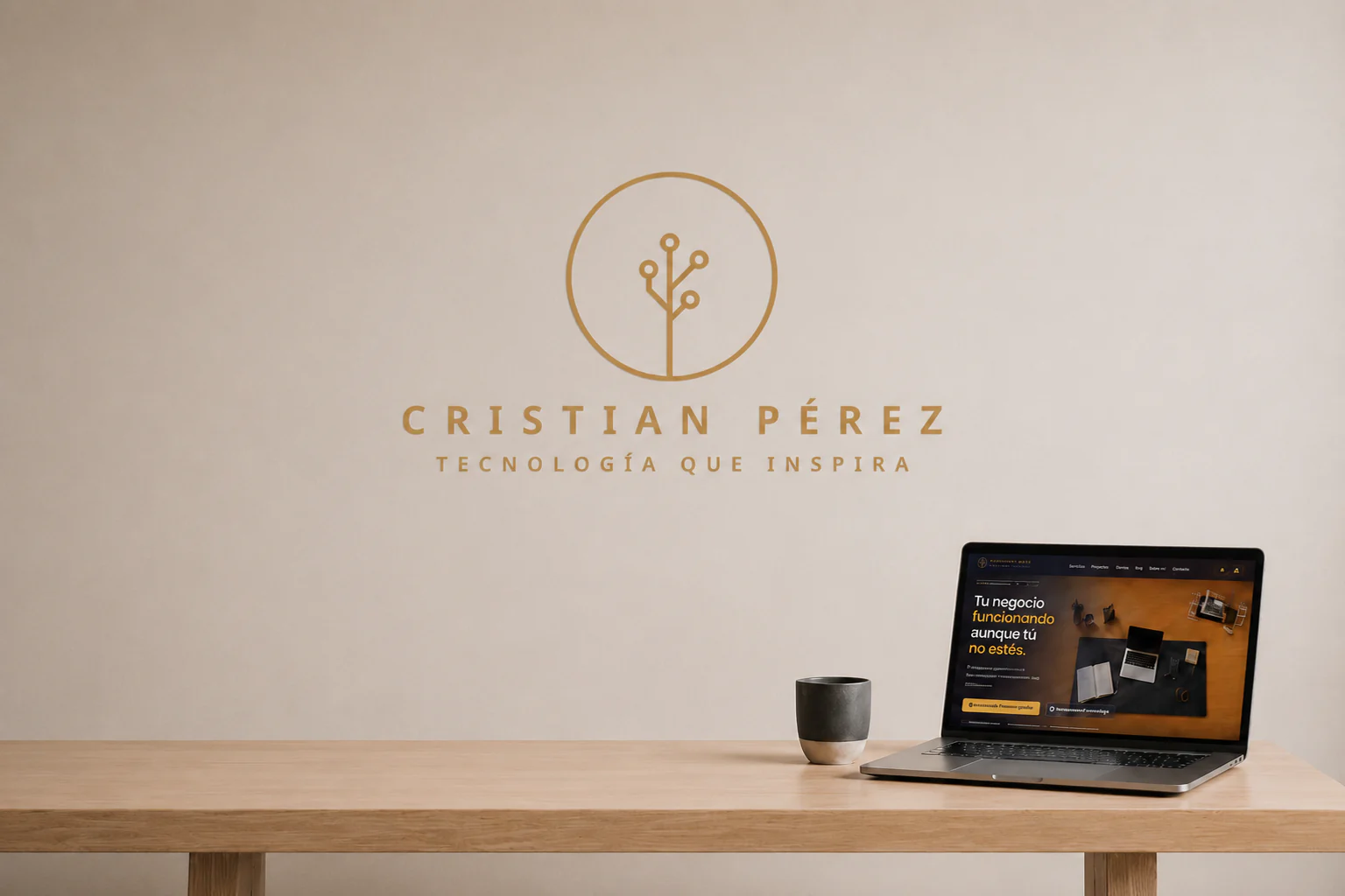 Web profesional de Cristian Pérez mostrada en un portátil sobre una mesa de trabajo